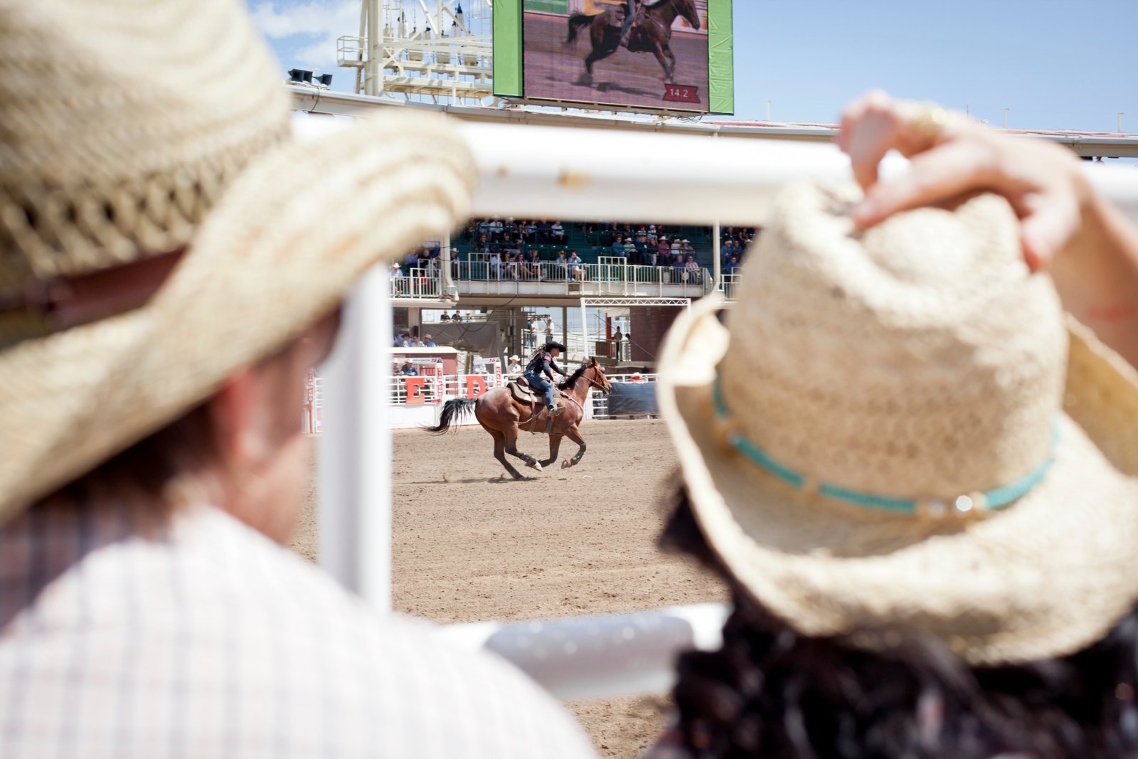Couple in cowboy hats watching the rodeo at the Calgary Stampede in Alberta