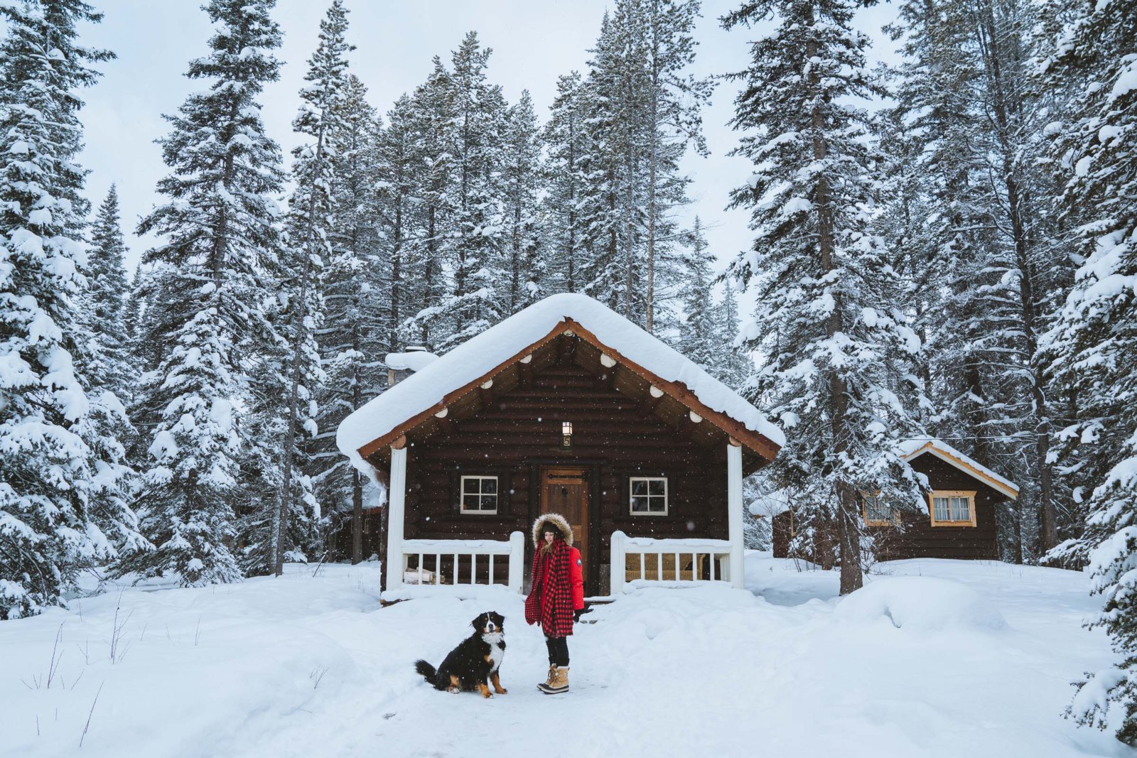 Scenic snow shot of a woman and a dog in front of a log cabin in the woods
