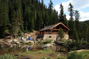 Hikers at Lake Agnes Tea House in Banff National Park