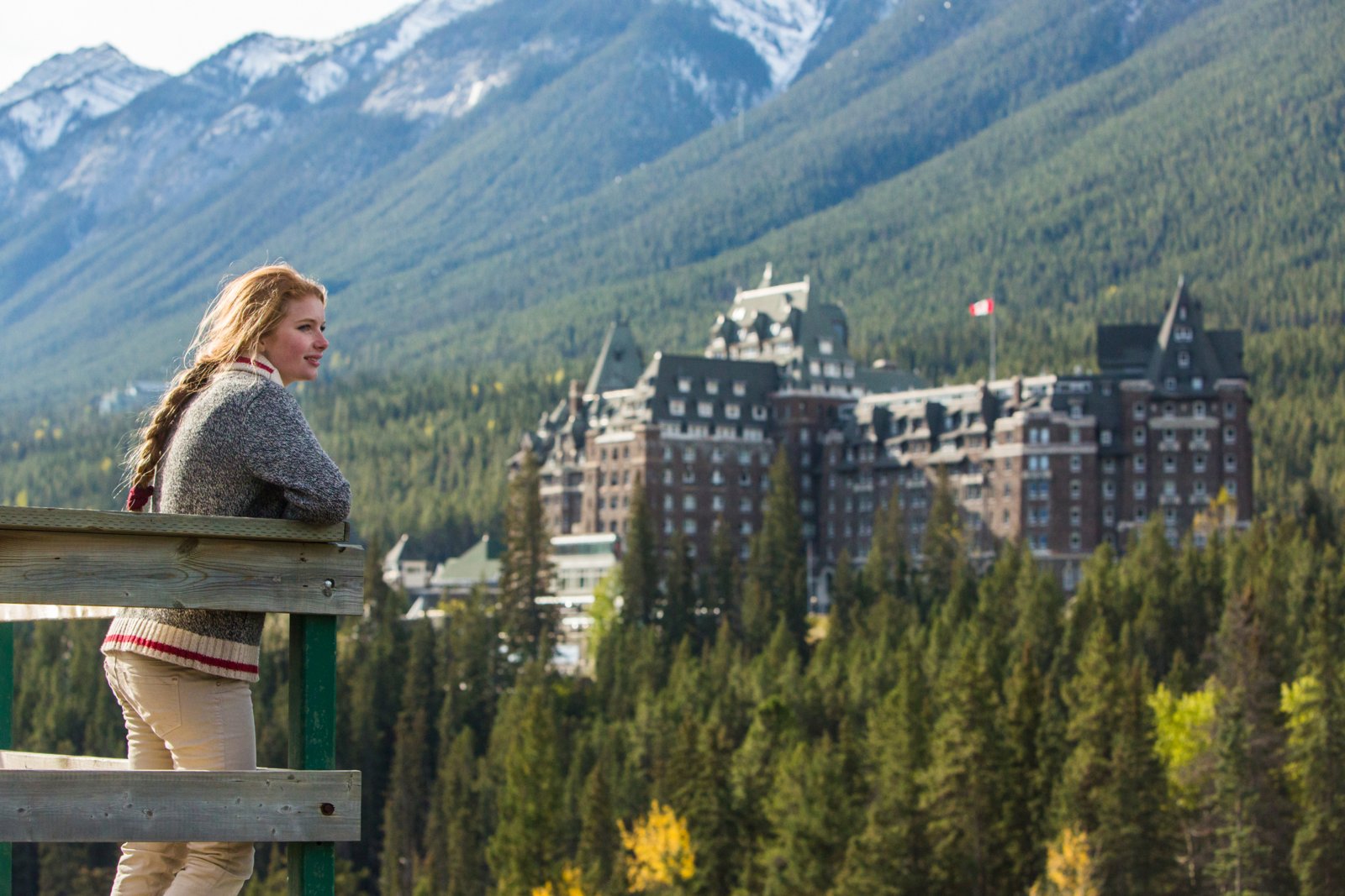 Woman looking out at the vantage point of the Fairmont Banff Springs in Banff National Park.