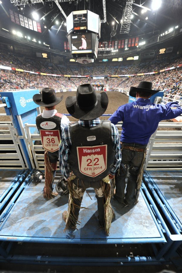Three cowboys standing at the gate to a rodeo arena surrounded by spectators.