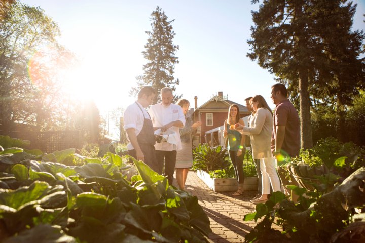 Group of people learning about Rouge's farm to fork process in a garden