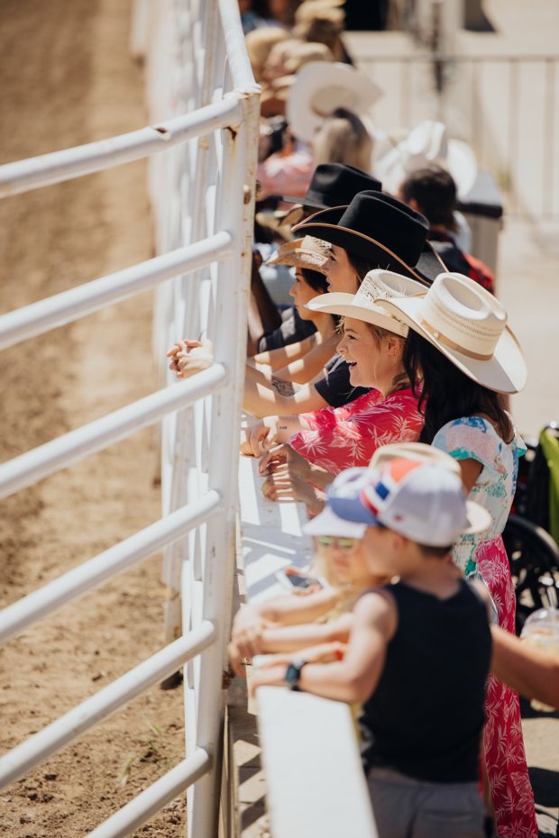 a crowd watching rodeo from behind a fence at the Calgary Stampede