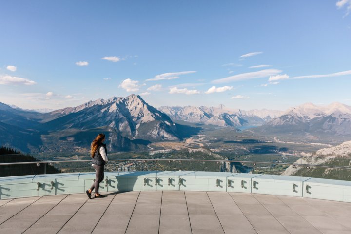 Visitor looking out over Banff National Park from the top of Sulphur Mountain