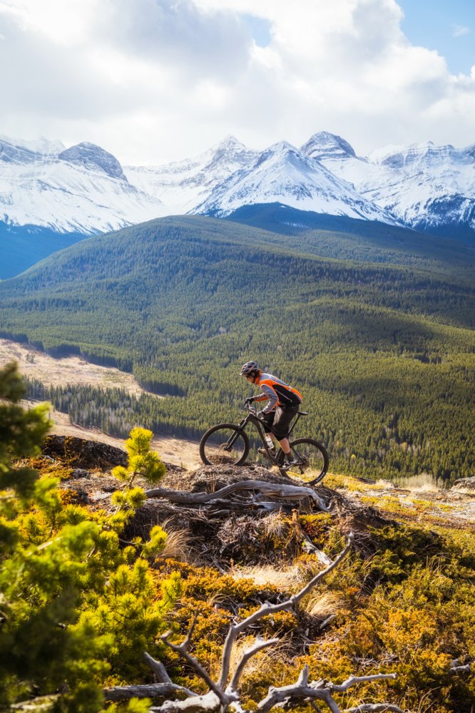 A person rides a bike along a mountain ridge with rolling forests and snowy mountains in the background.