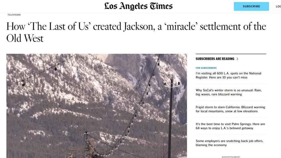 Screenshot of Los Angeles Times article about how film producers created Jackson in The Last of Us